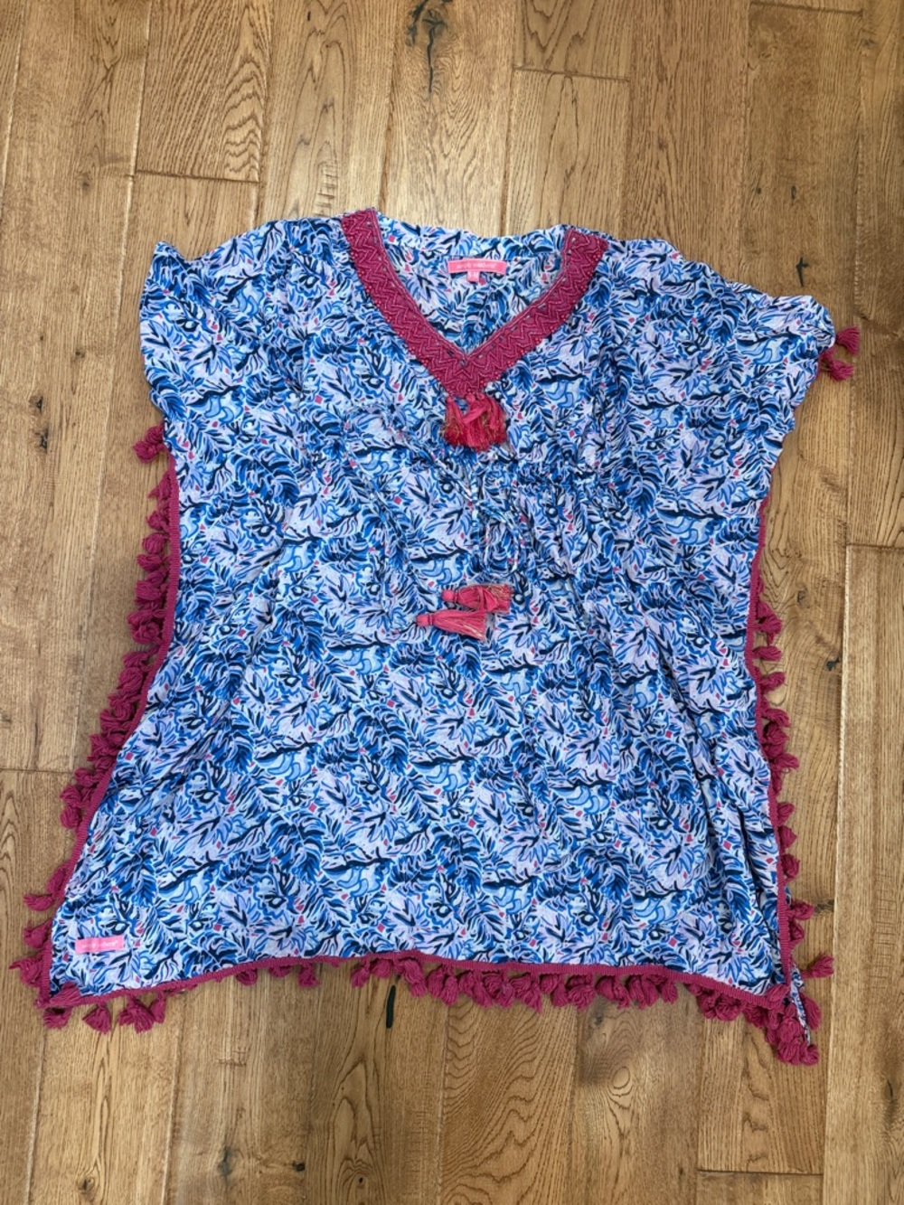 Simply Southern Blue Floral Swim Tunic with Pink Tassel Trim S/M